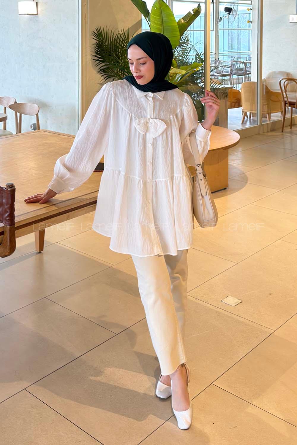 Lamelif Papyon Detaylı Tunik Beyaz