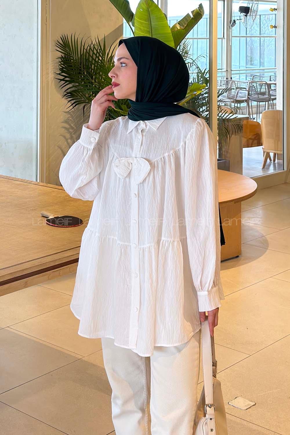 Lamelif Papyon Detaylı Tunik Beyaz
