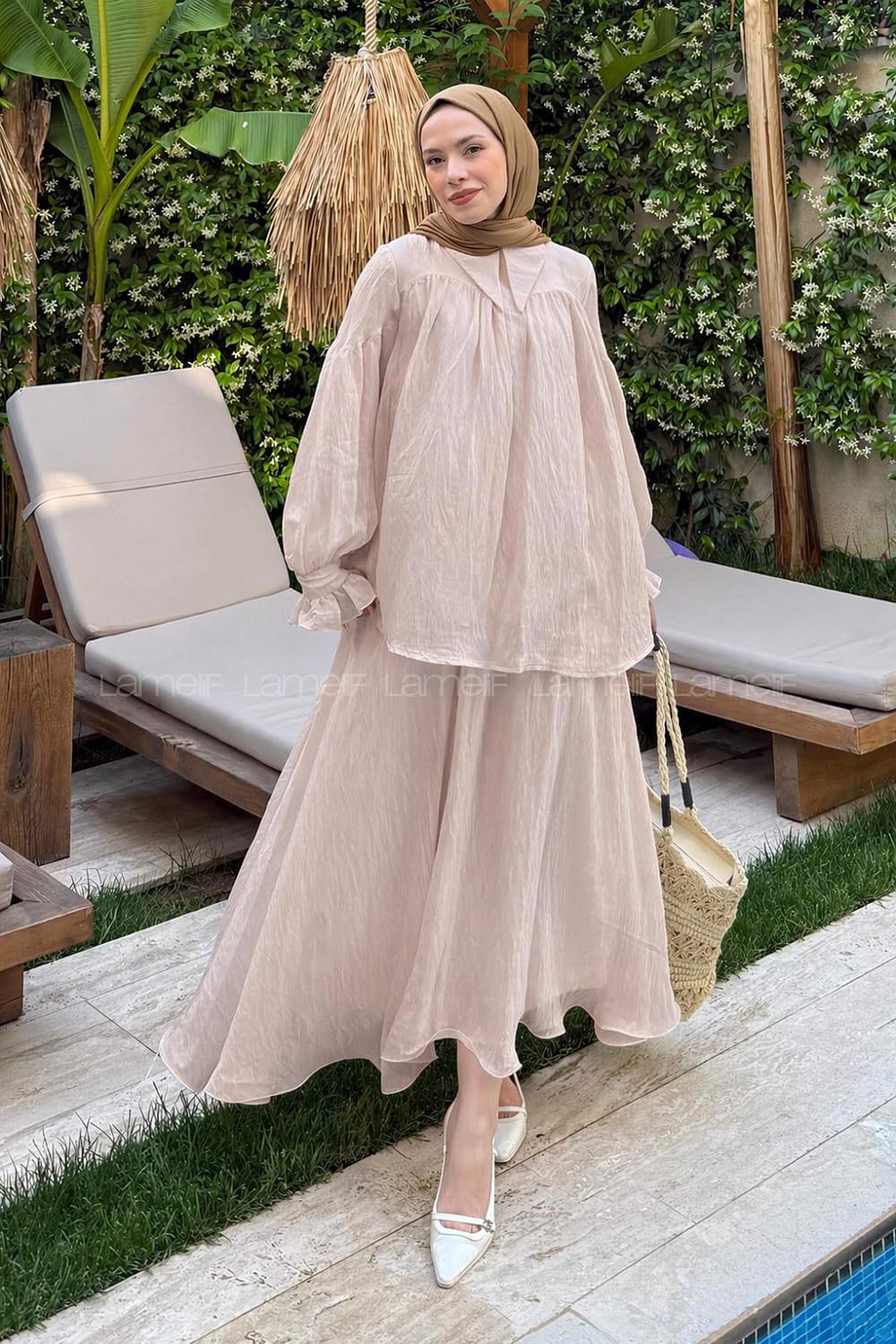Lamelif Tesettür Şifon Takım Pudra Pembe