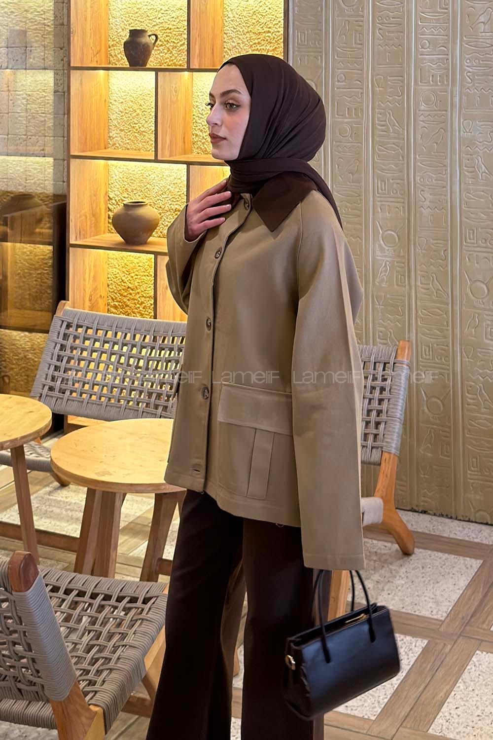 Lamelif Yaka Detaylı Parka Camel