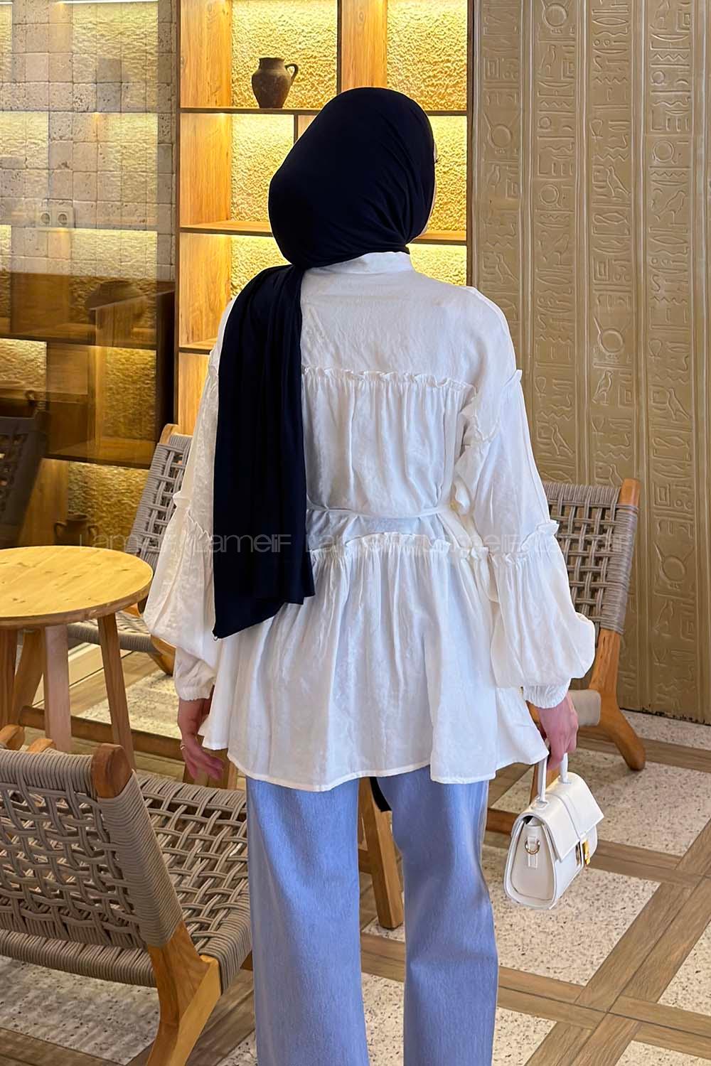 Lamelif Yaka ve Bel Bağlama Detaylı Tunik Beyaz