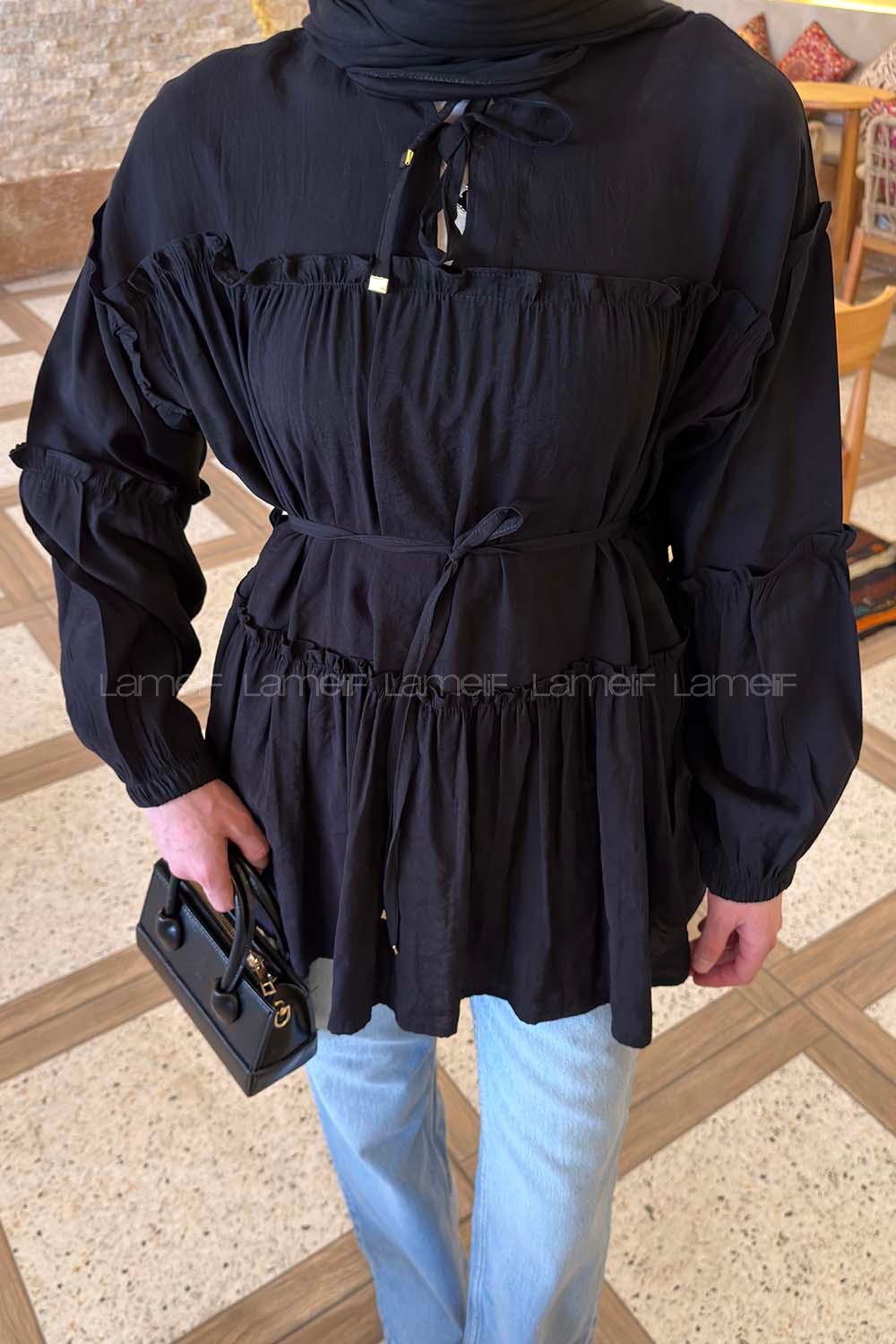 Lamelif Yaka ve Bel Bağlama Detaylı Tunik Siyah