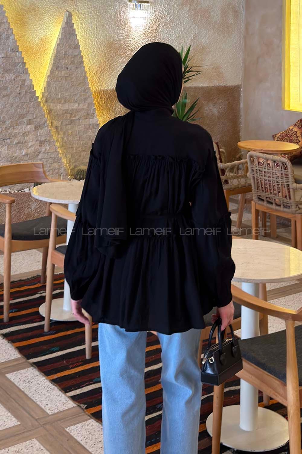 Lamelif Yaka ve Bel Bağlama Detaylı Tunik Siyah