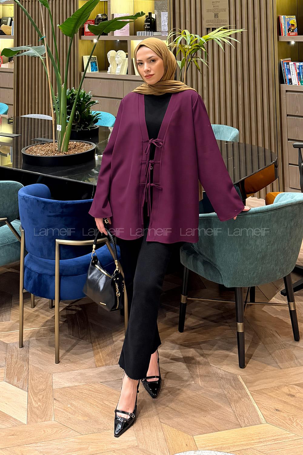 Lamelif Bağlama Detaylı Kimono Tunik Mürdüm