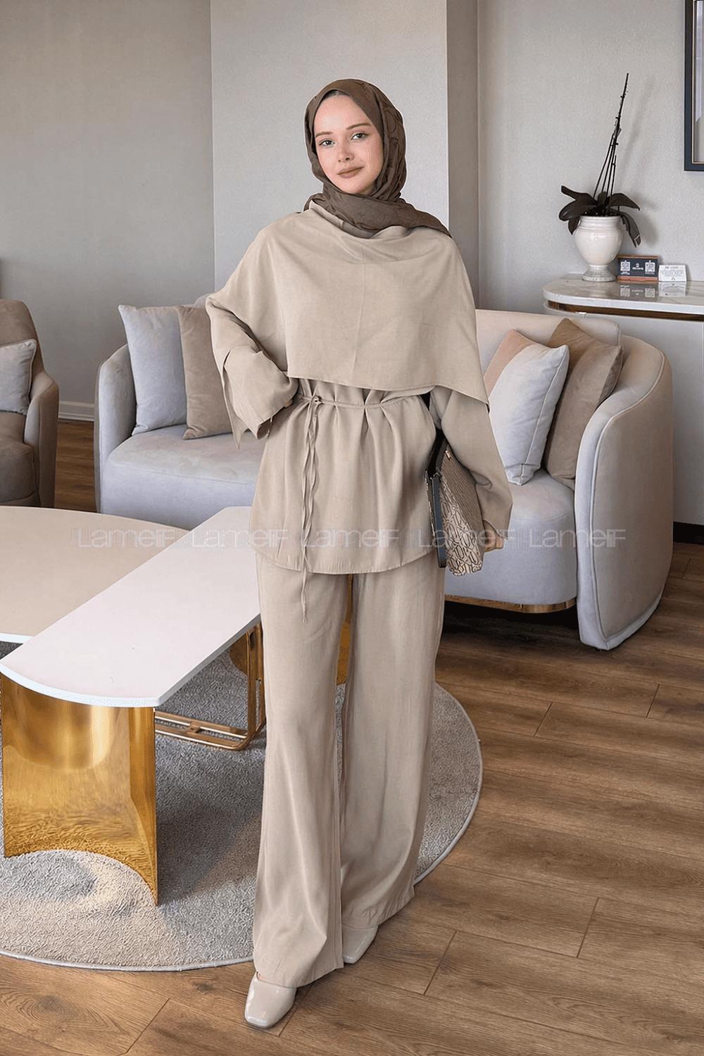 Lamelif Şallı Pantolon Takım Bej