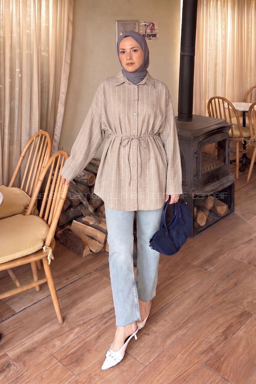 Lamelif Sırt Robalı Çizgi Detaylı Tunik Kahve