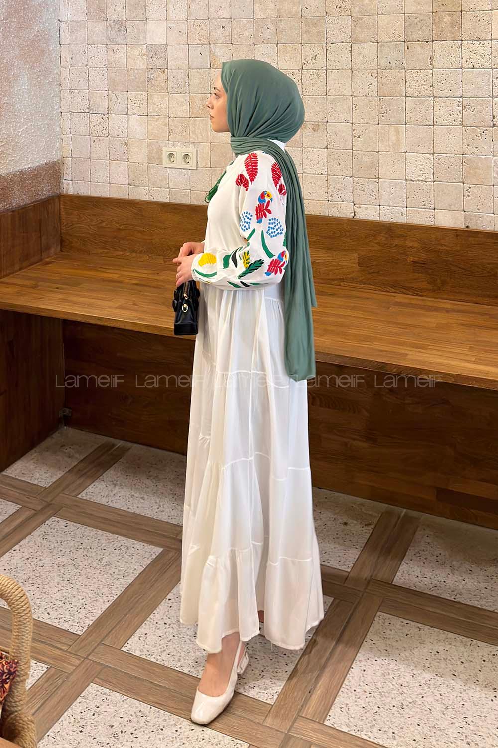 Lamelif Baskılı Viskon Elbise Beyaz