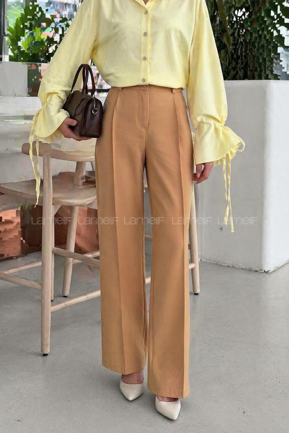 Lamelif Çift Kemer Detaylı Pantolon Camel