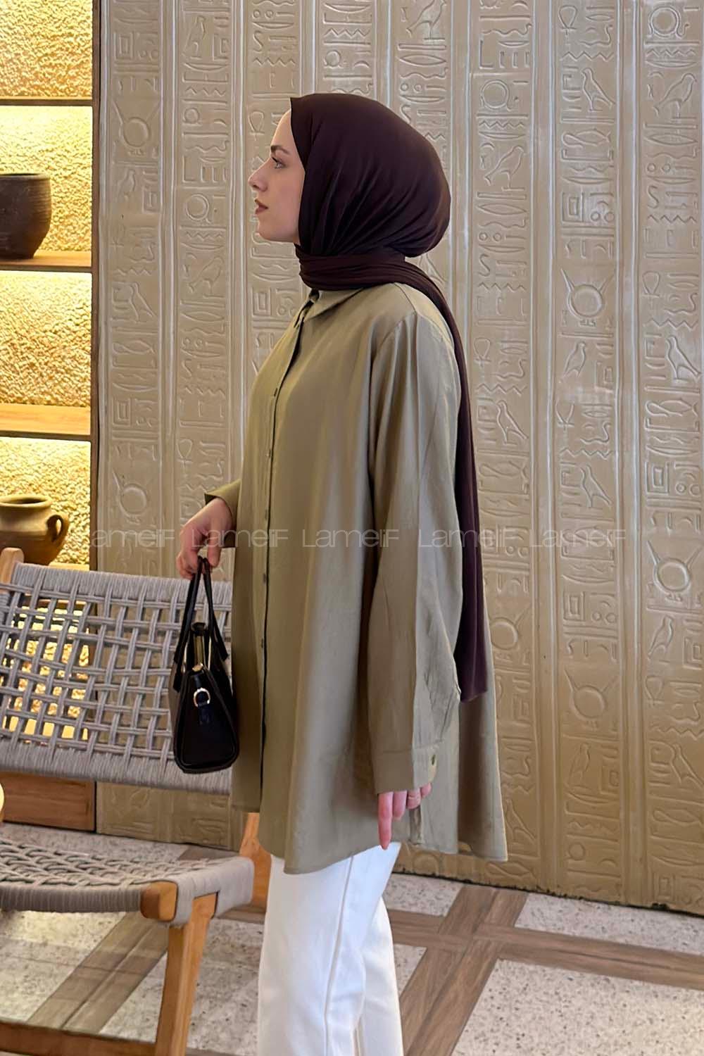 Lamelif Çizgi Geçişli Gömlek Yağ Yeşili