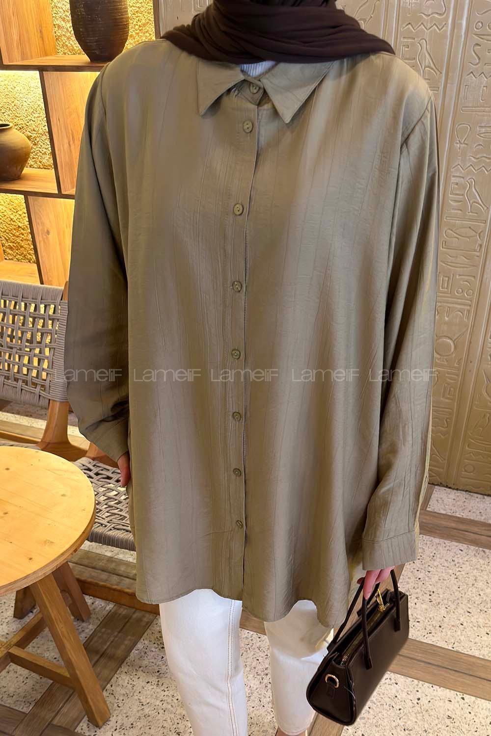 Lamelif Çizgi Geçişli Gömlek Yağ Yeşili