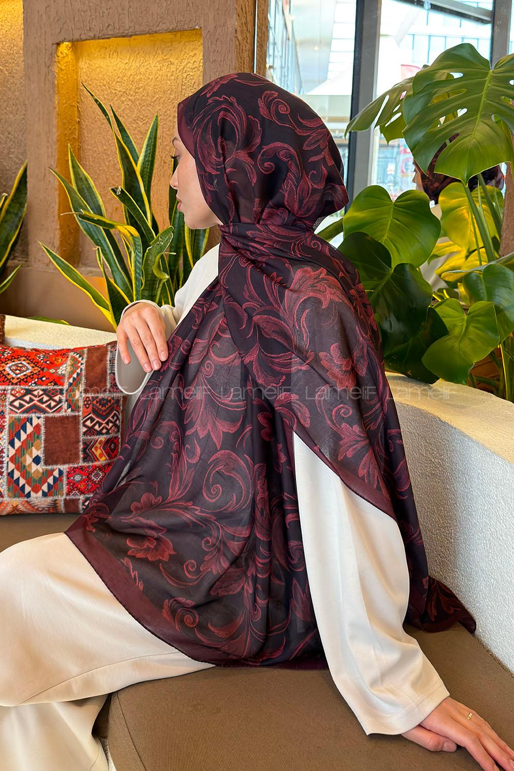 Lamelif Etnik Desen Ferah Şal Bordo