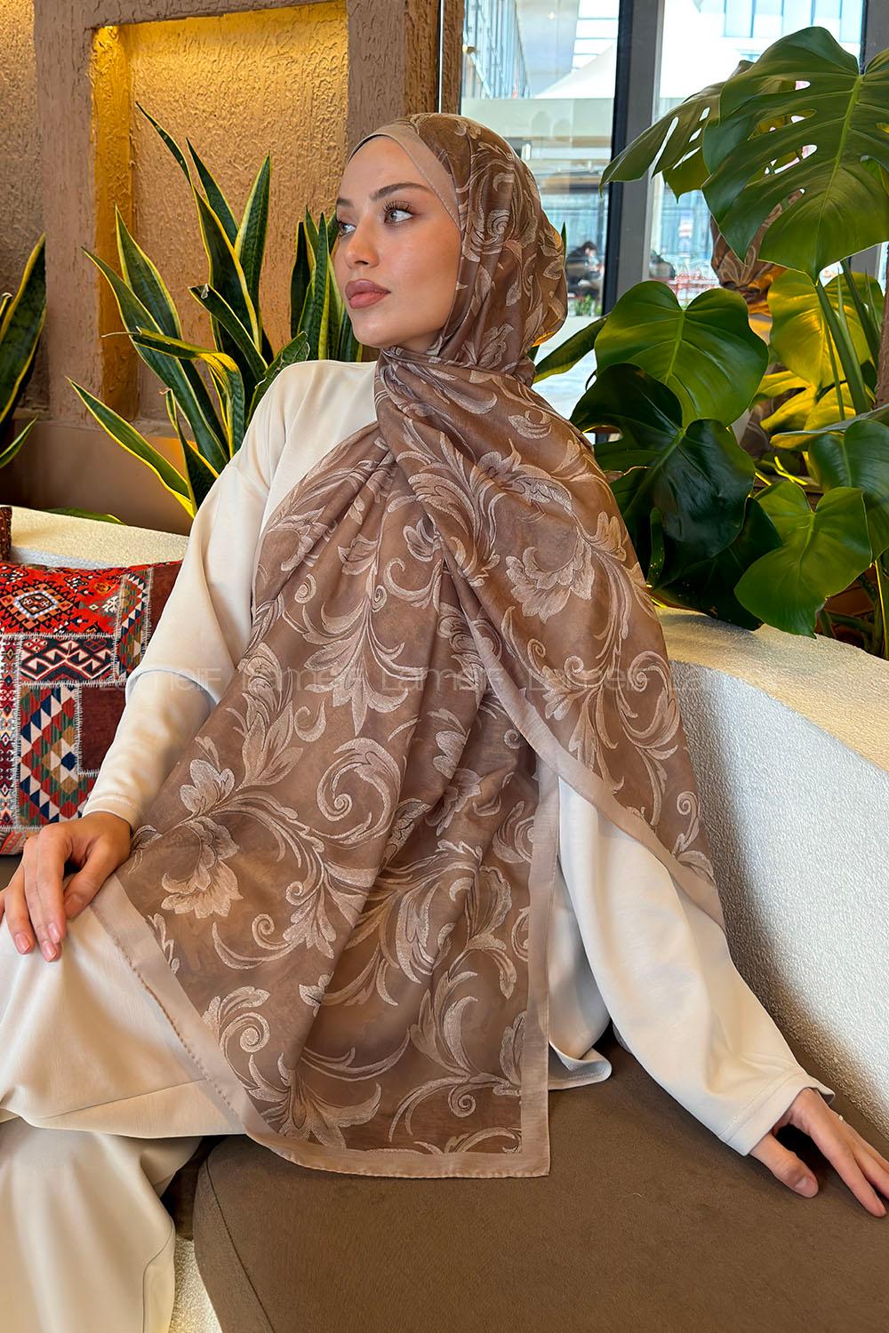 Lamelif Etnik Desen Ferah Şal Camel