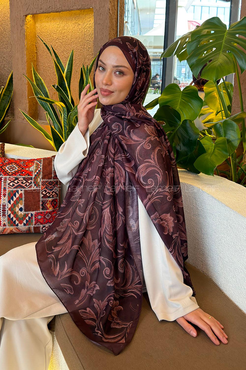 Lamelif Etnik Desen Ferah Şal Koyu Bordo