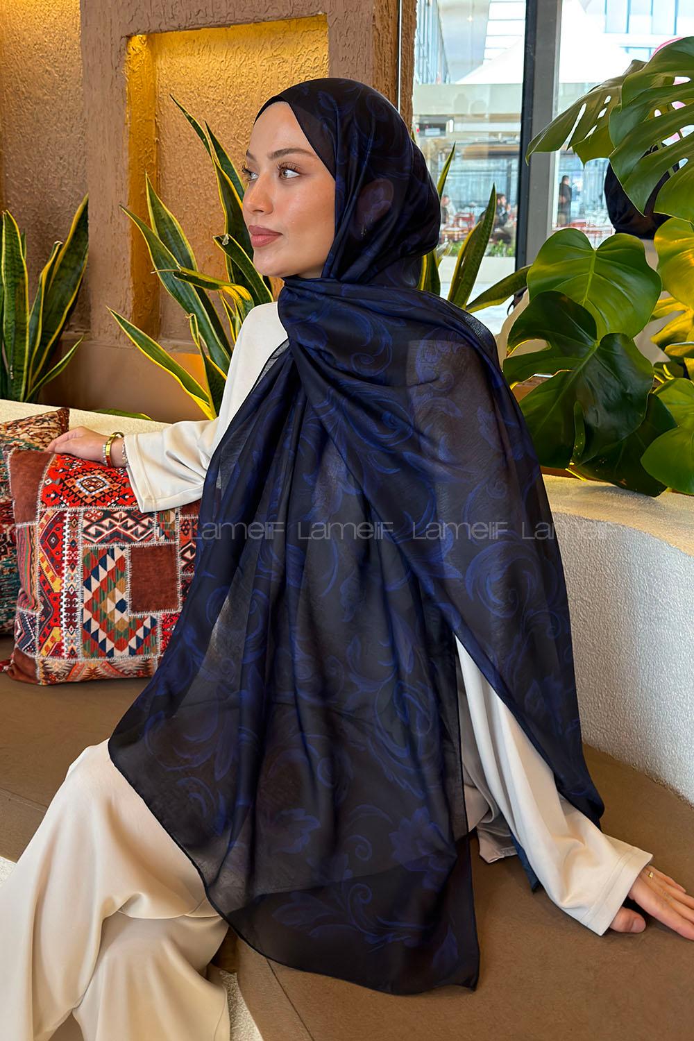 Lamelif Etnik Desen Ferah Şal Lacivert