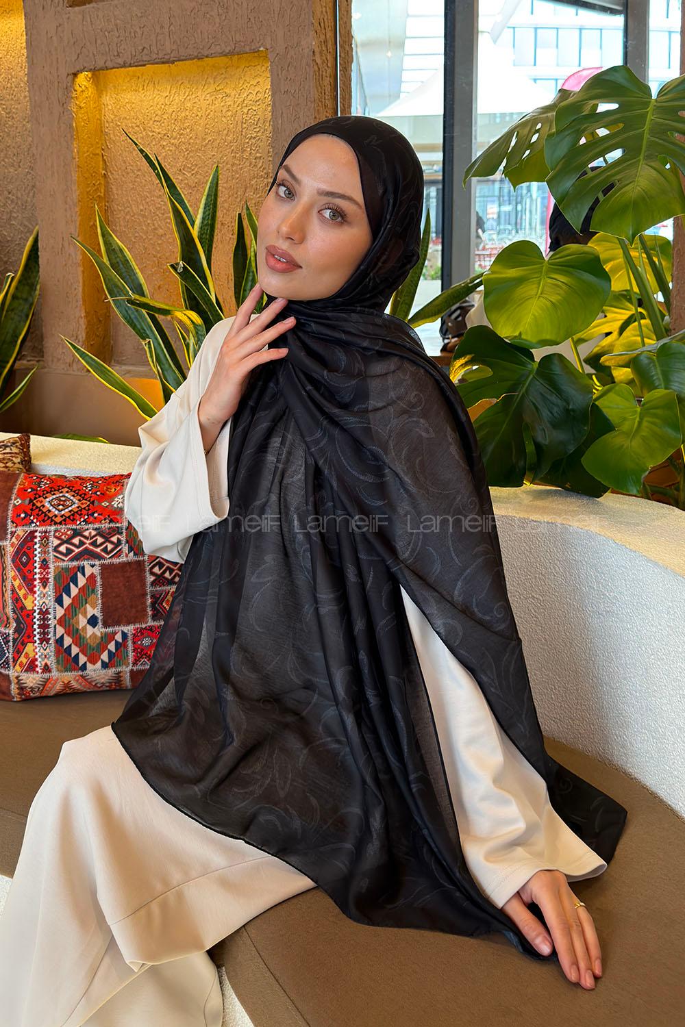 Lamelif Etnik Desen Ferah Şal Siyah