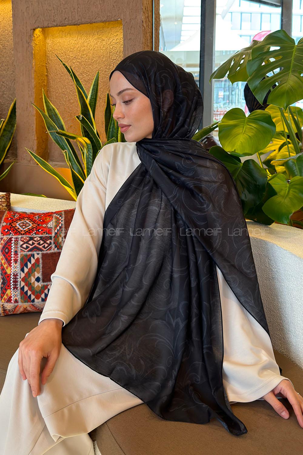 Lamelif Etnik Desen Ferah Şal Siyah
