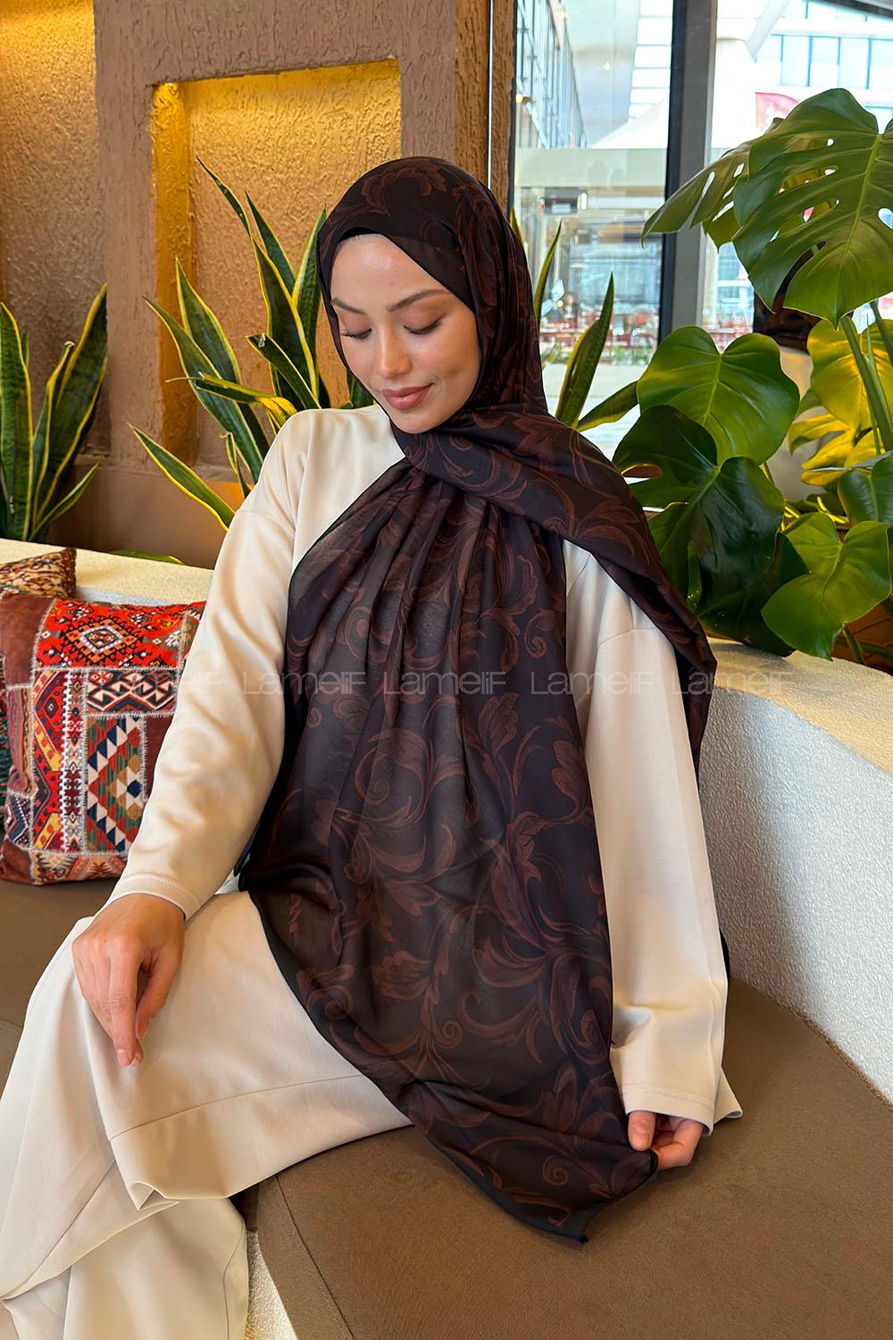 Lamelif Etnik Desen Ferah Şal Siyah Kahverengi