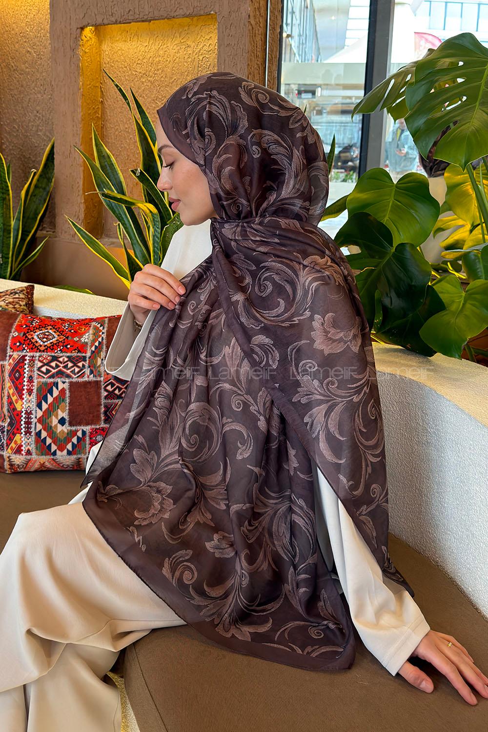 Lamelif Etnik Desen Ferah Şal Soft Kahve