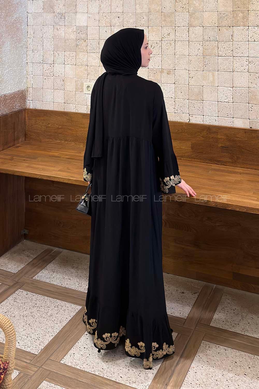Lamelif Etnik Nakış İşlemeli Tesettür Elbise Siyah