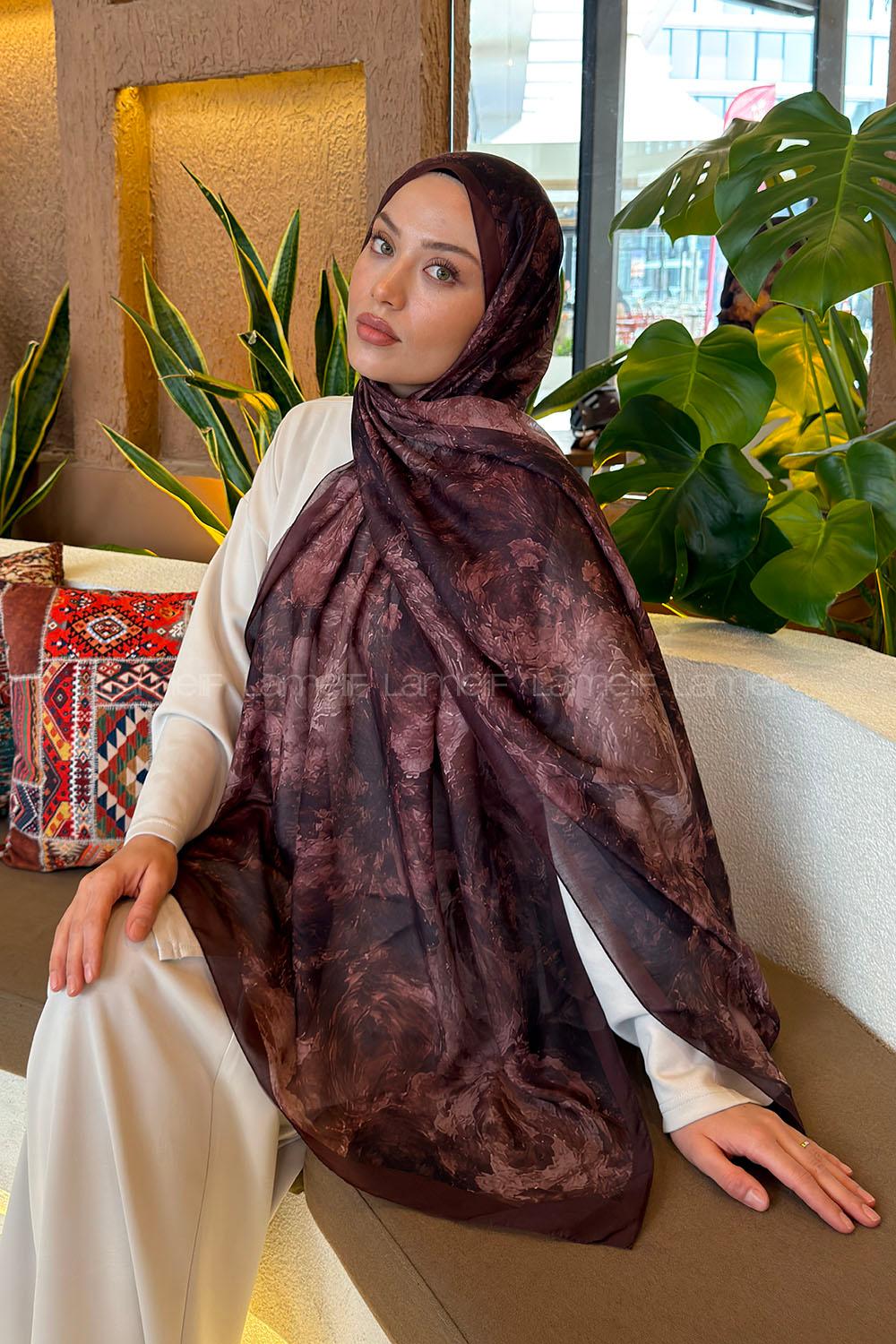 Lamelif Gül Çiçek Desen Ferah Şal Çikolata Kahve