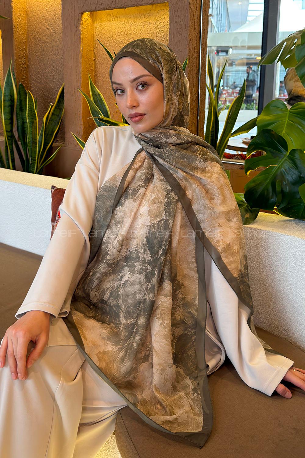 Lamelif Gül Çiçek Desen Ferah Şal Haki