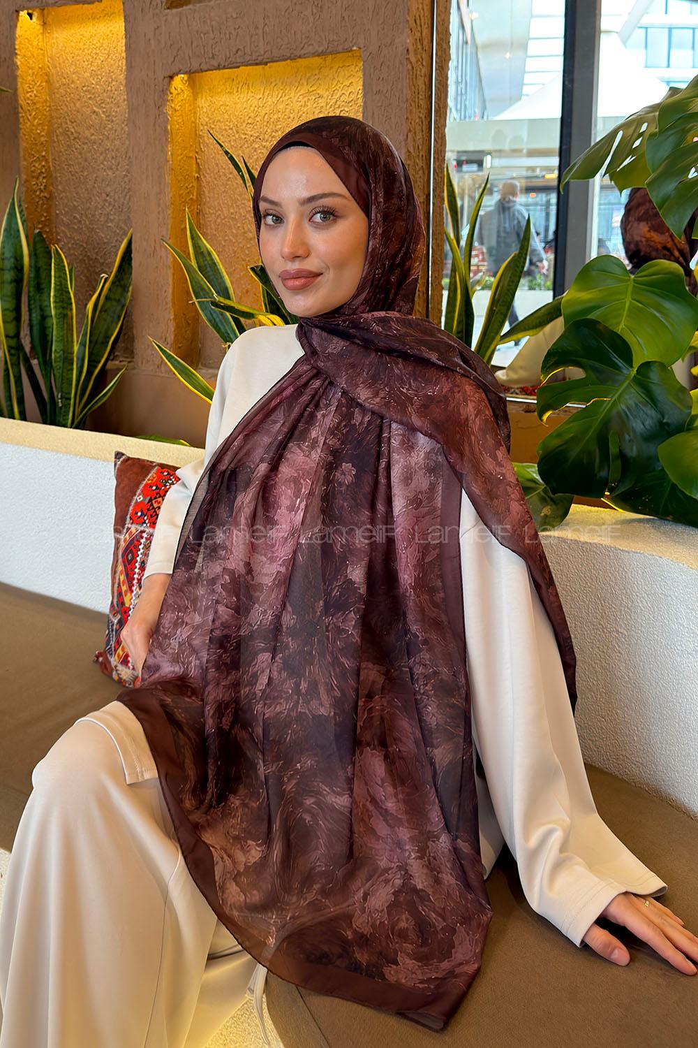 Lamelif Gül Çiçek Desen Ferah Şal Kahverengi