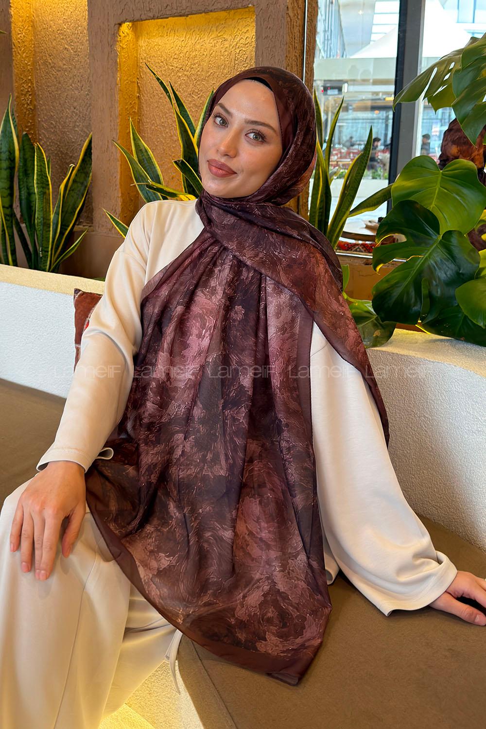 Lamelif Gül Çiçek Desen Ferah Şal Kahverengi