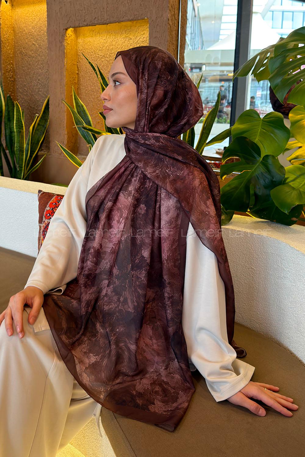 Lamelif Gül Çiçek Desen Ferah Şal Kahverengi