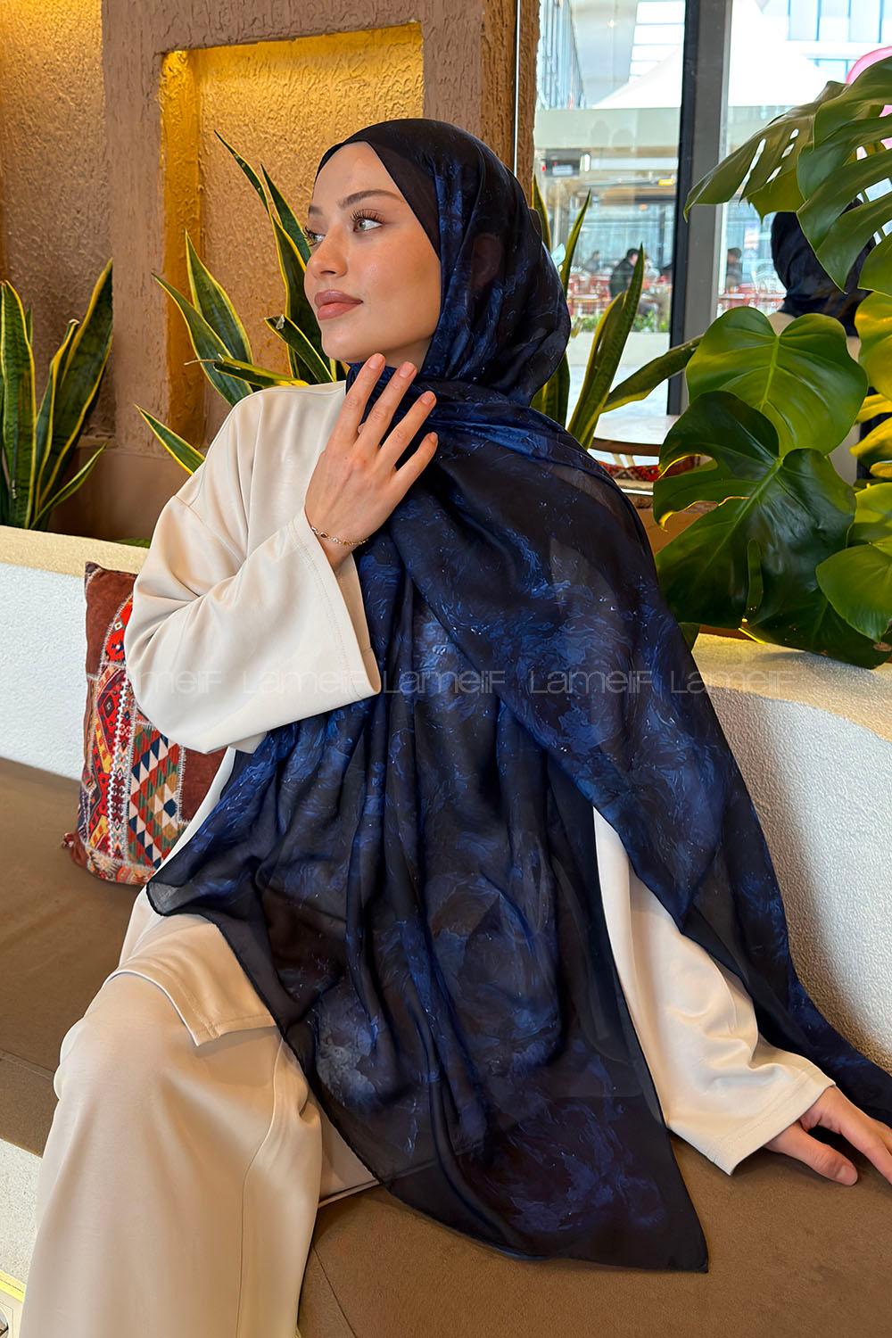 Lamelif Gül Çiçek Desen Ferah Şal Lacivert