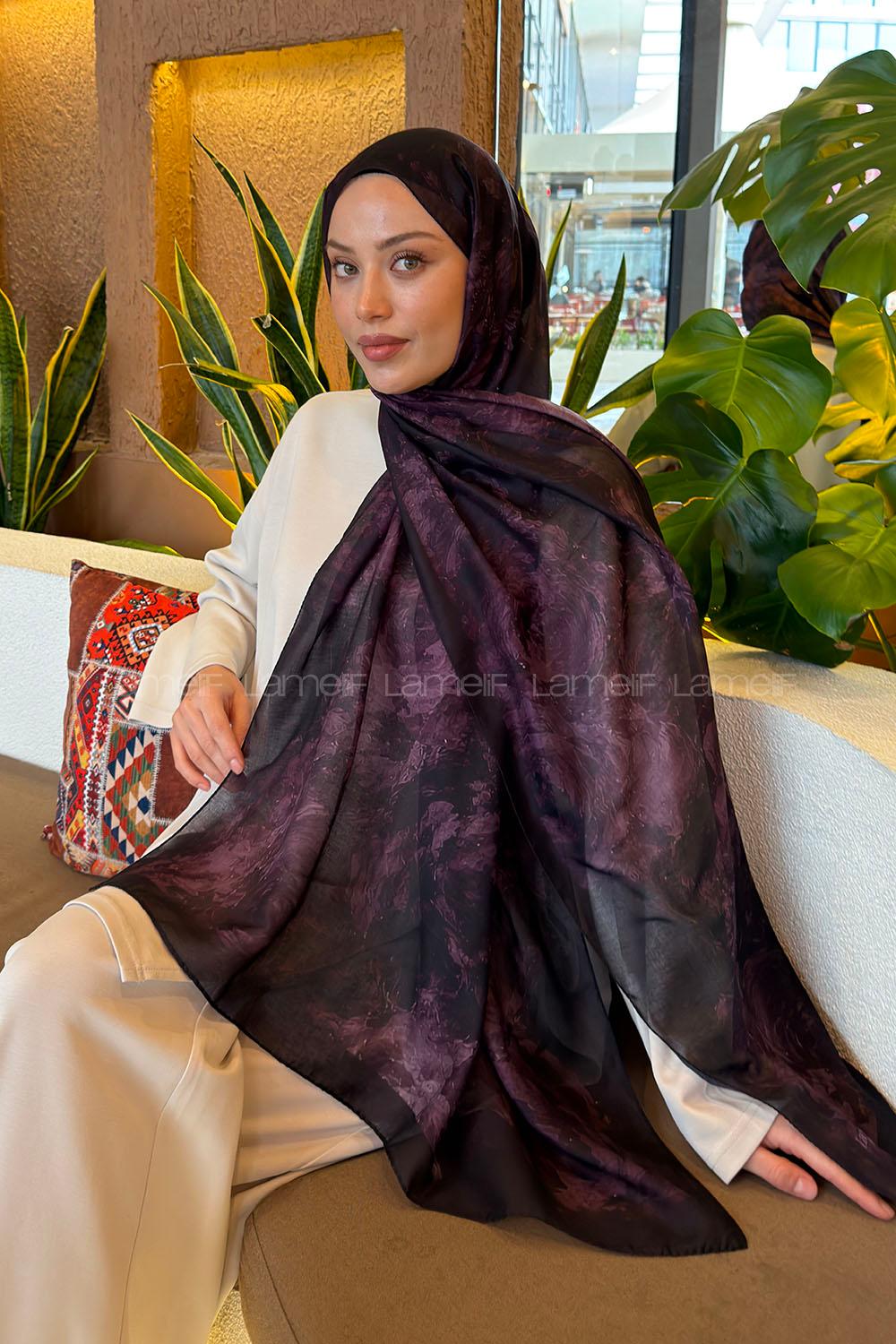 Lamelif Gül Çiçek Desen Ferah Şal Mürdüm