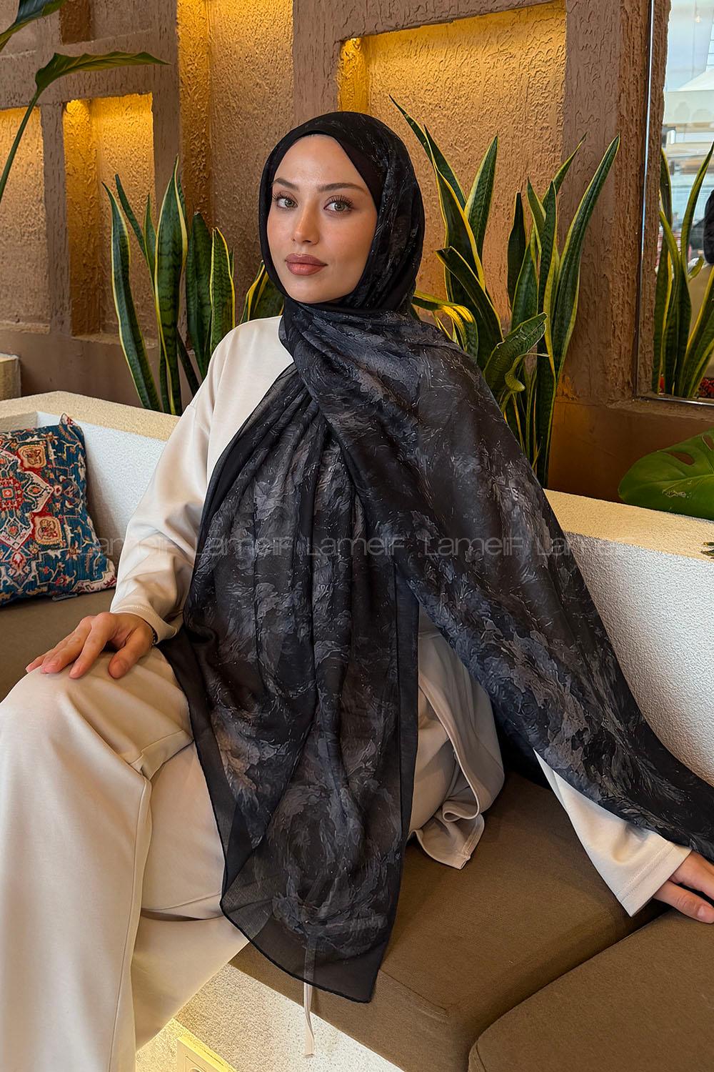 Lamelif Gül Çiçek Desen Ferah Şal Siyah