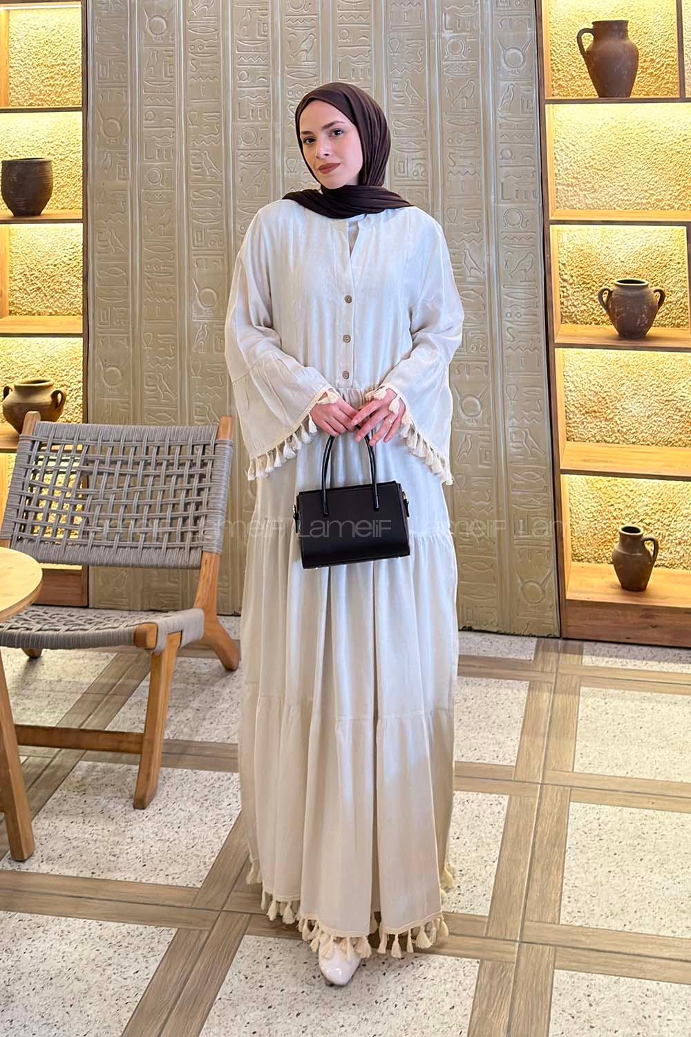 Stone Mandarin Collar Linen Unprinted Dresess
