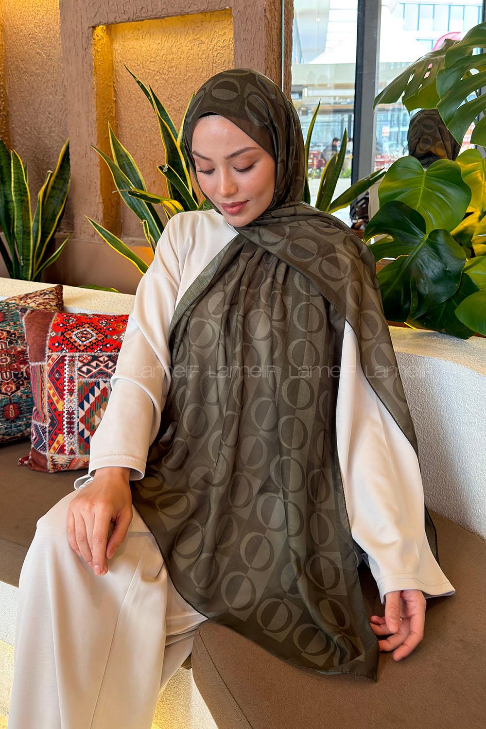 Lamelif Halka Desen Ferah Şal Asker Yeşili