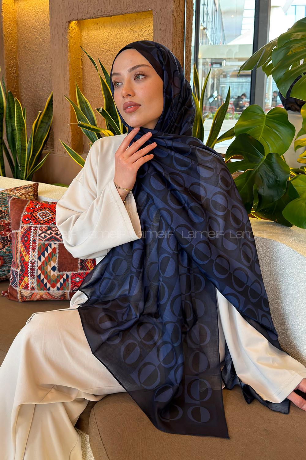 Lamelif Halka Desen Ferah Şal Lacivert