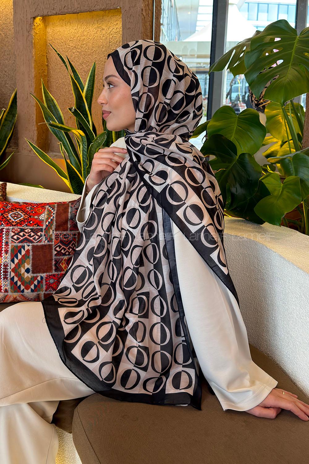 Lamelif Halka Desen Ferah Şal Siyah Bej