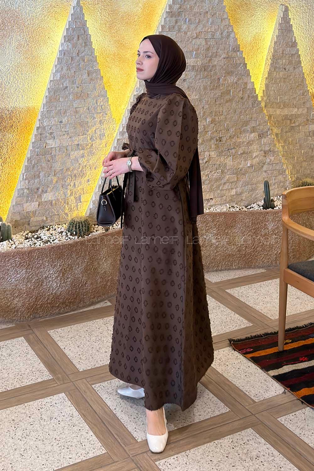 Brown Crew Neck Cotton Unprinted Dresess
