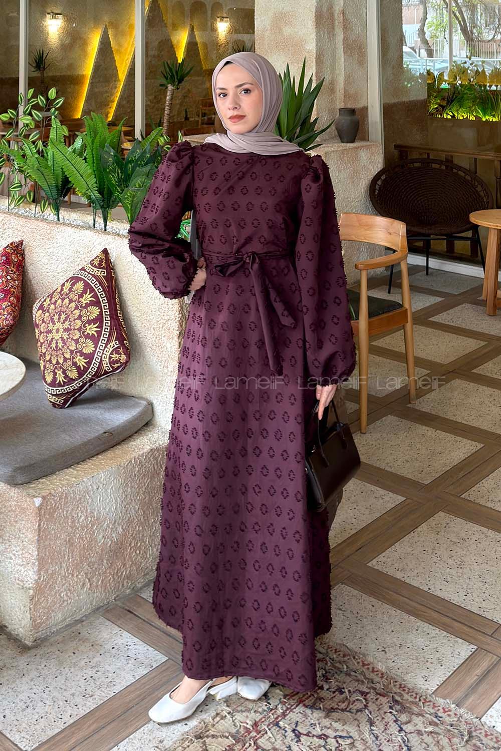 Lamelif Kabartma Nakış İşlemeli Tesettür Elbise Mürdüm