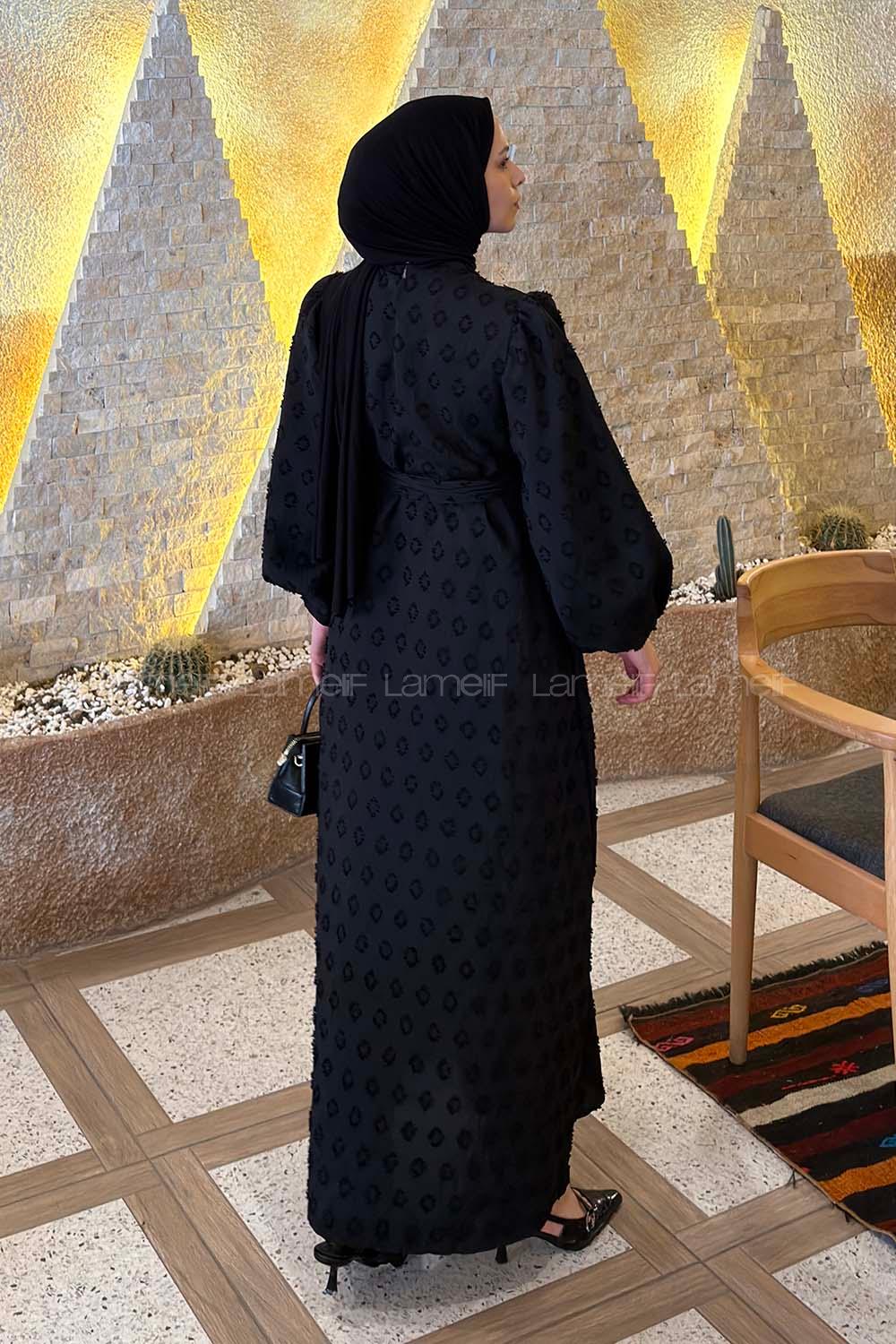 Lamelif Kabartma Nakış İşlemeli Tesettür Elbise Siyah