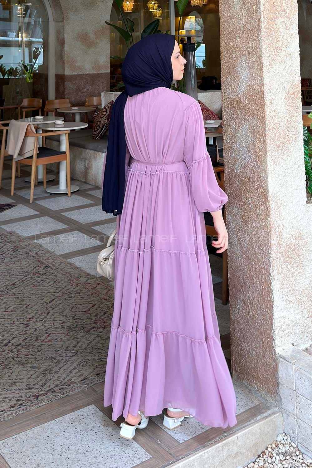 Lamelif Kat Kat Detaylı Tesettür Elbise Lila