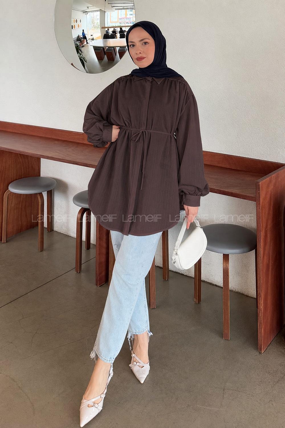 Lamelif Bağlama Detaylı Çilek Tesettür Gömlek Koyu Kahve