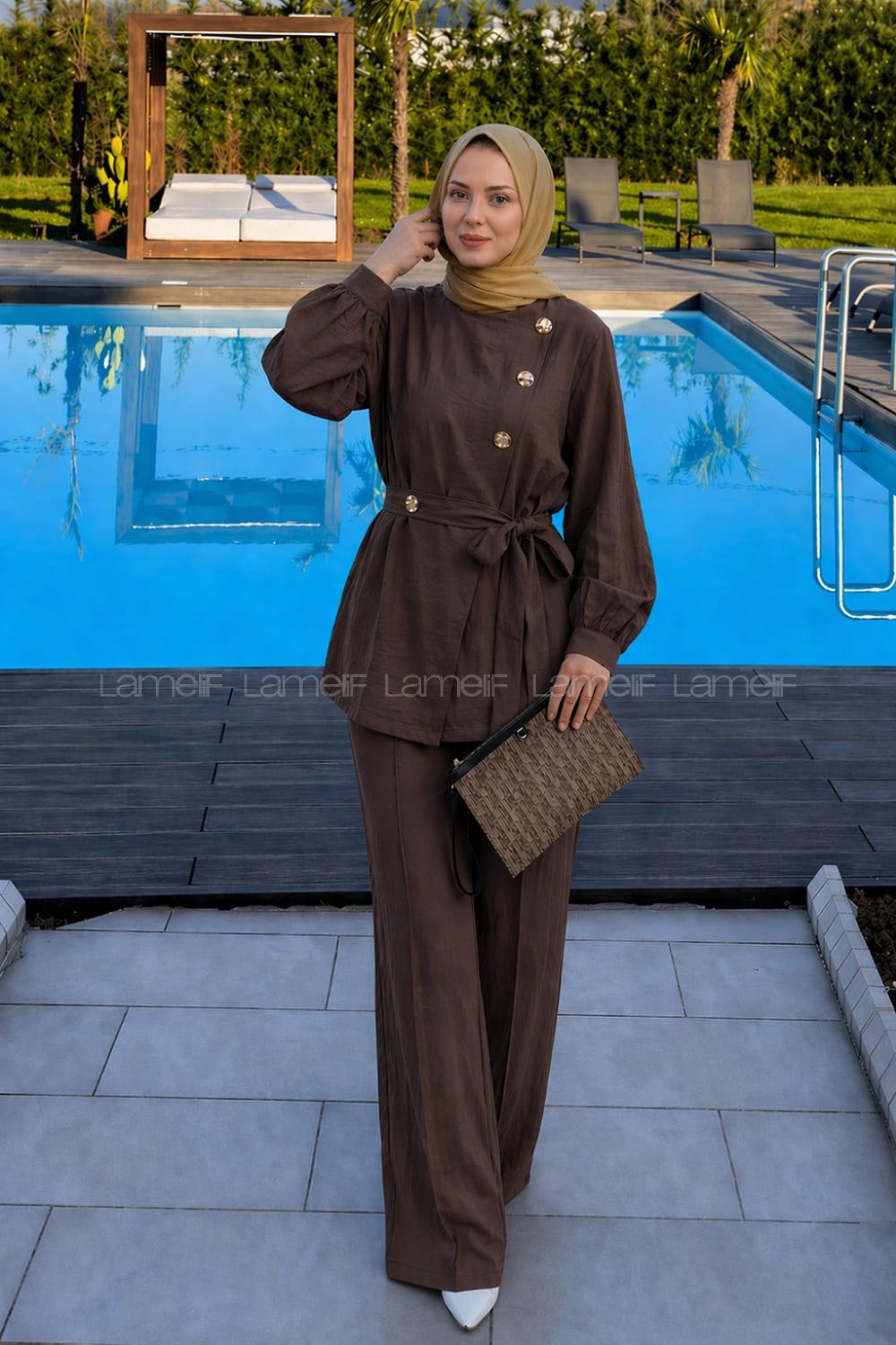 Lamelif Metal Düğme Detaylı İkili Takım Kahverengi