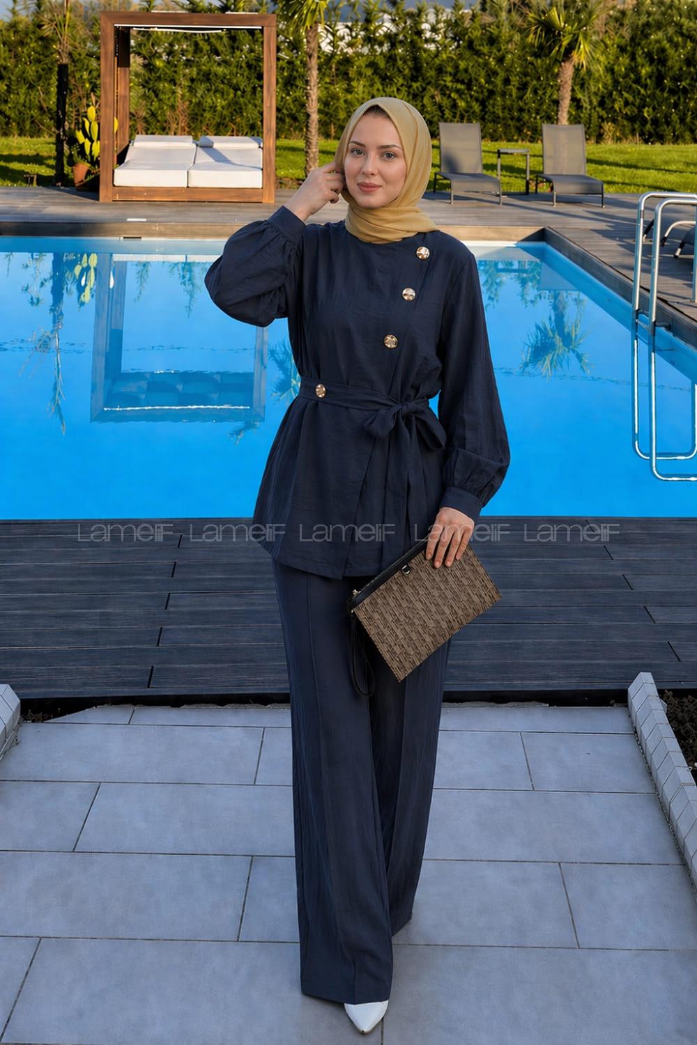 Lamelif Metal Düğme Detaylı İkili Takım Lacivert