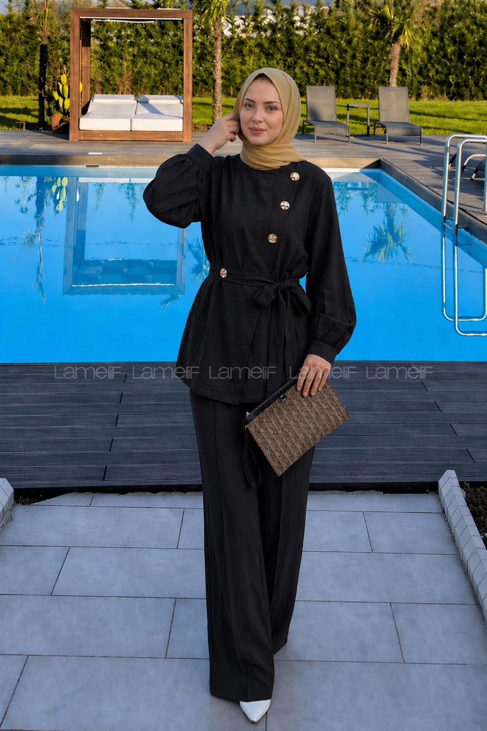 Lamelif Metal Düğme Detaylı İkili Takım Siyah