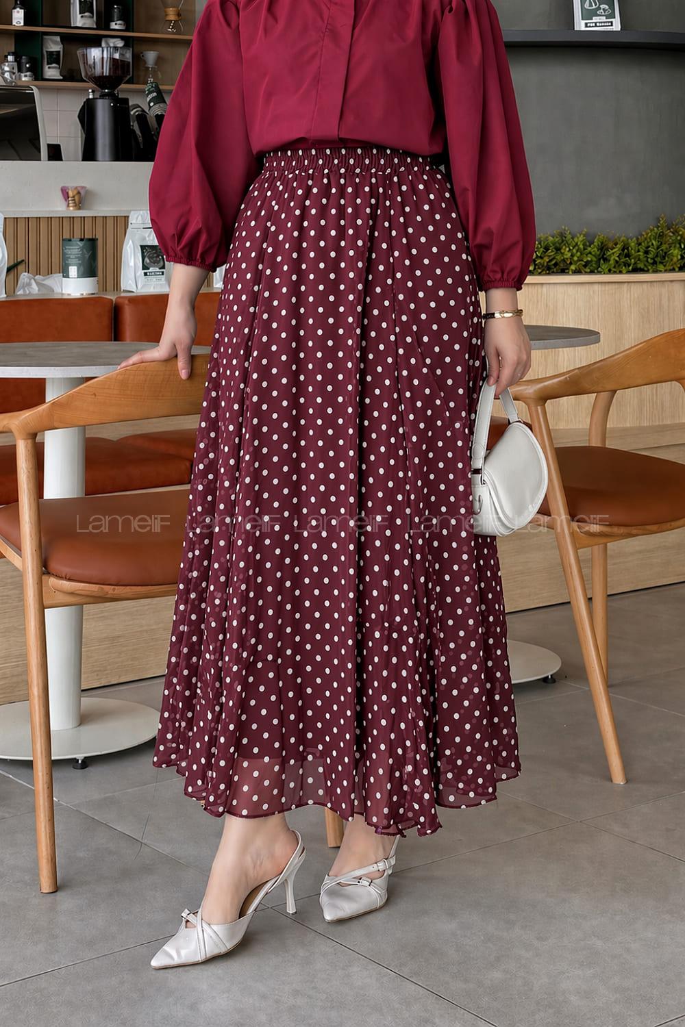 Lamelif Puantiye Desenli Şifon Etek Bordo