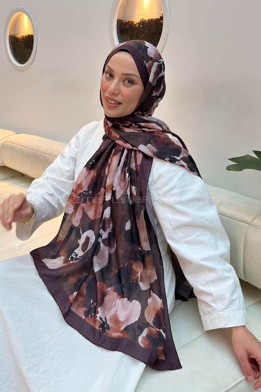 Lamelif Batik Çiçek Desen Bambu Şal Kahverengi