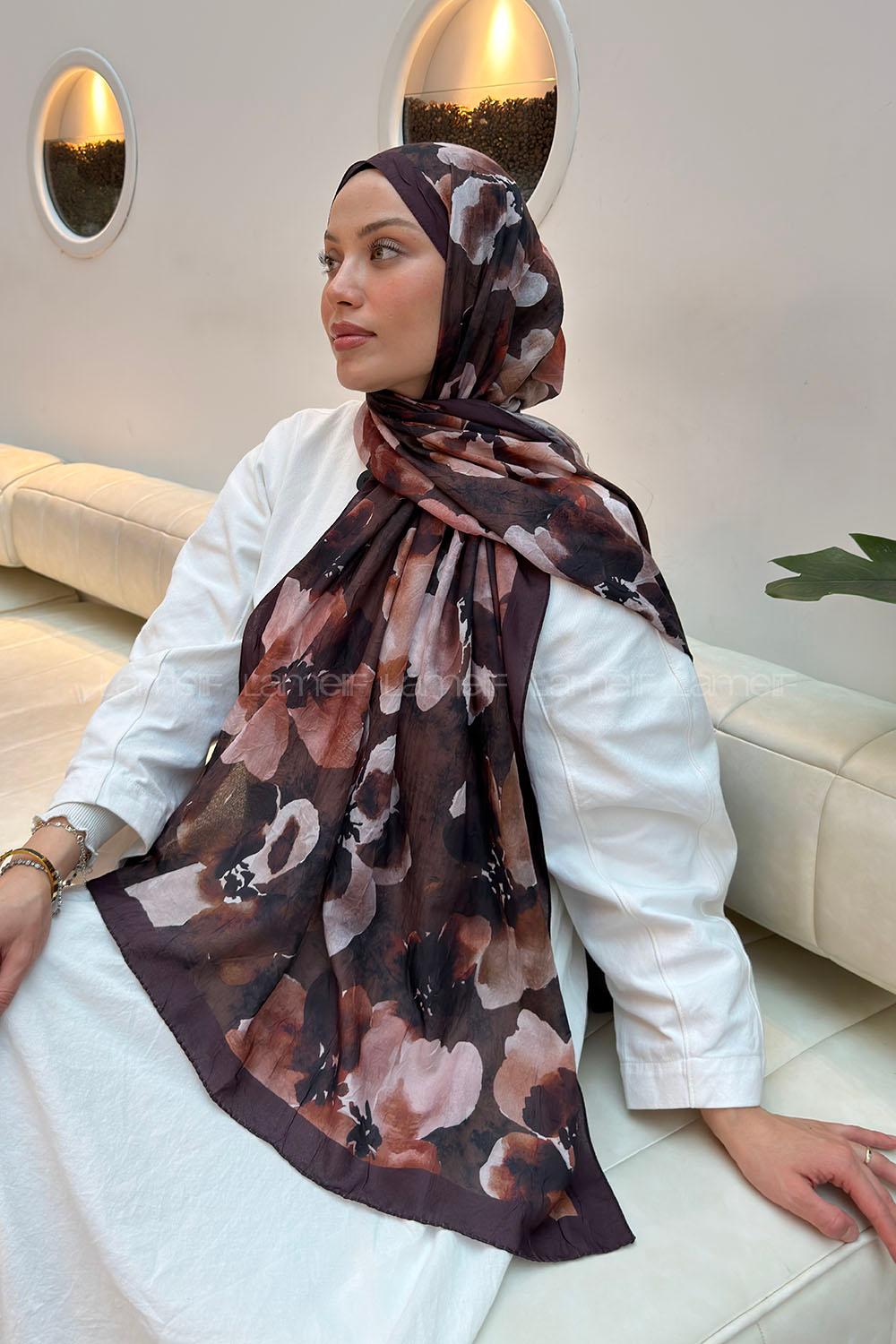 Lamelif Batik Çiçek Desen Bambu Şal Kahverengi