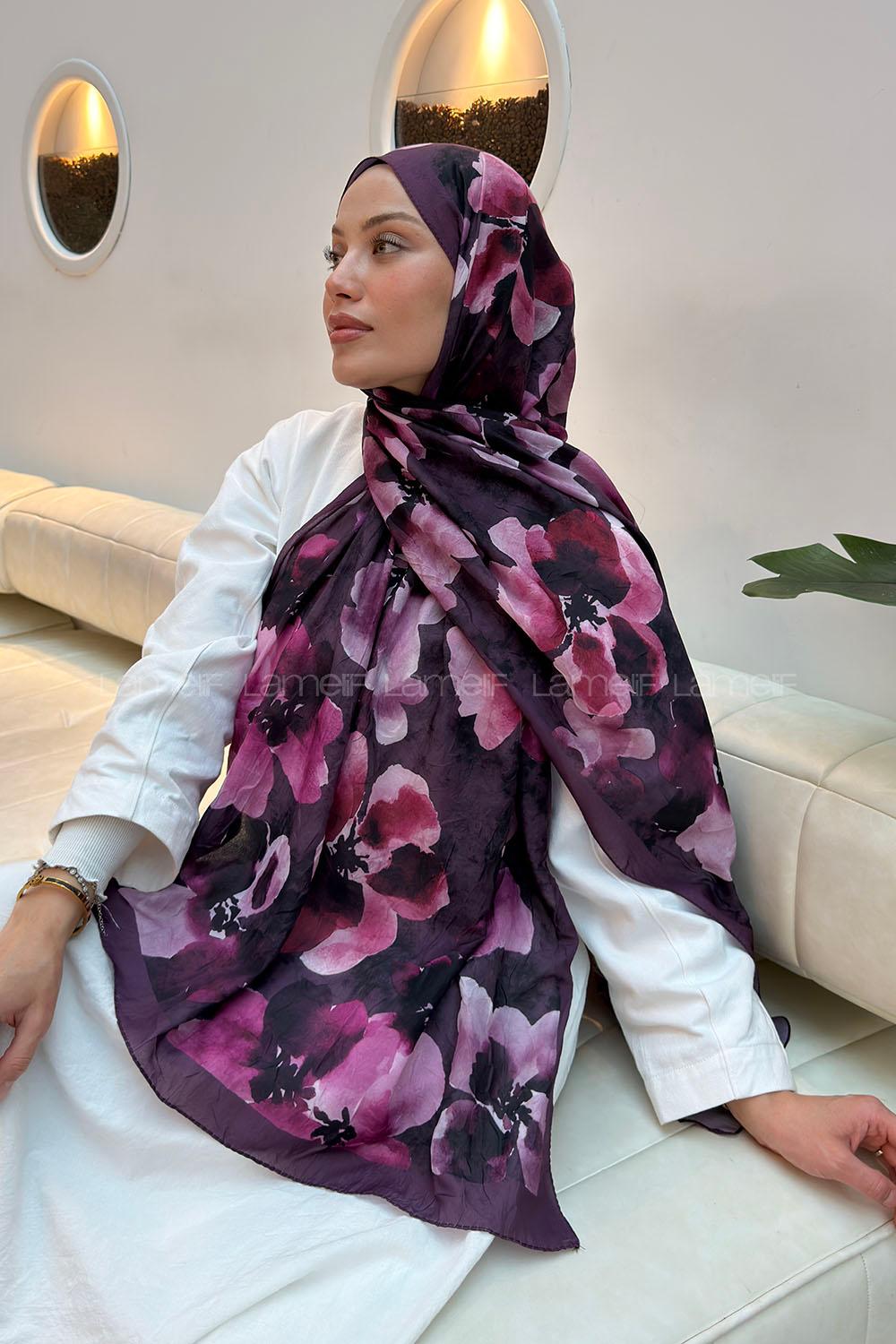 Lamelif Batik Çiçek Desen Bambu Şal Mürdüm