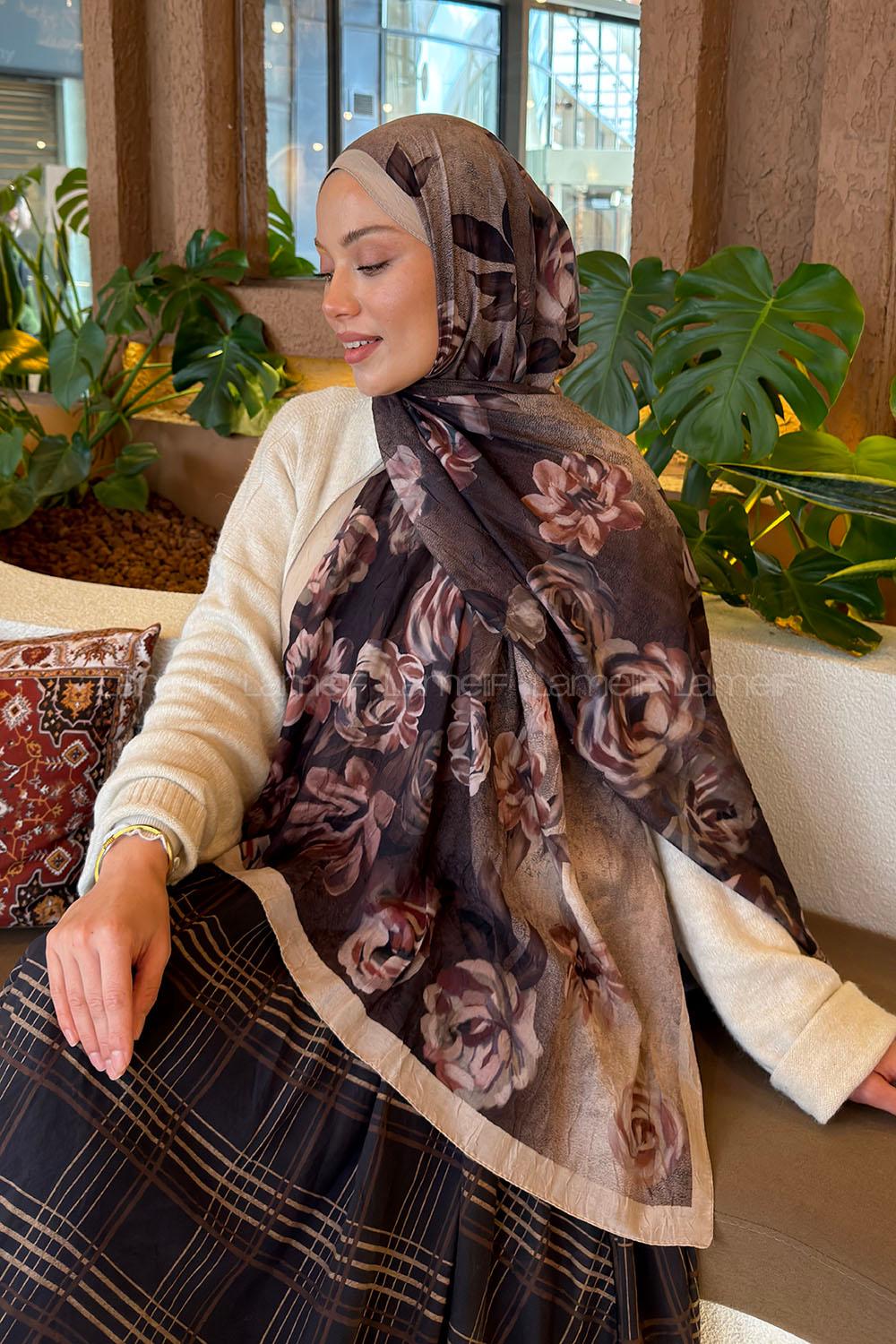 Lamelif Çiçek Desen Bambu Şal Bej