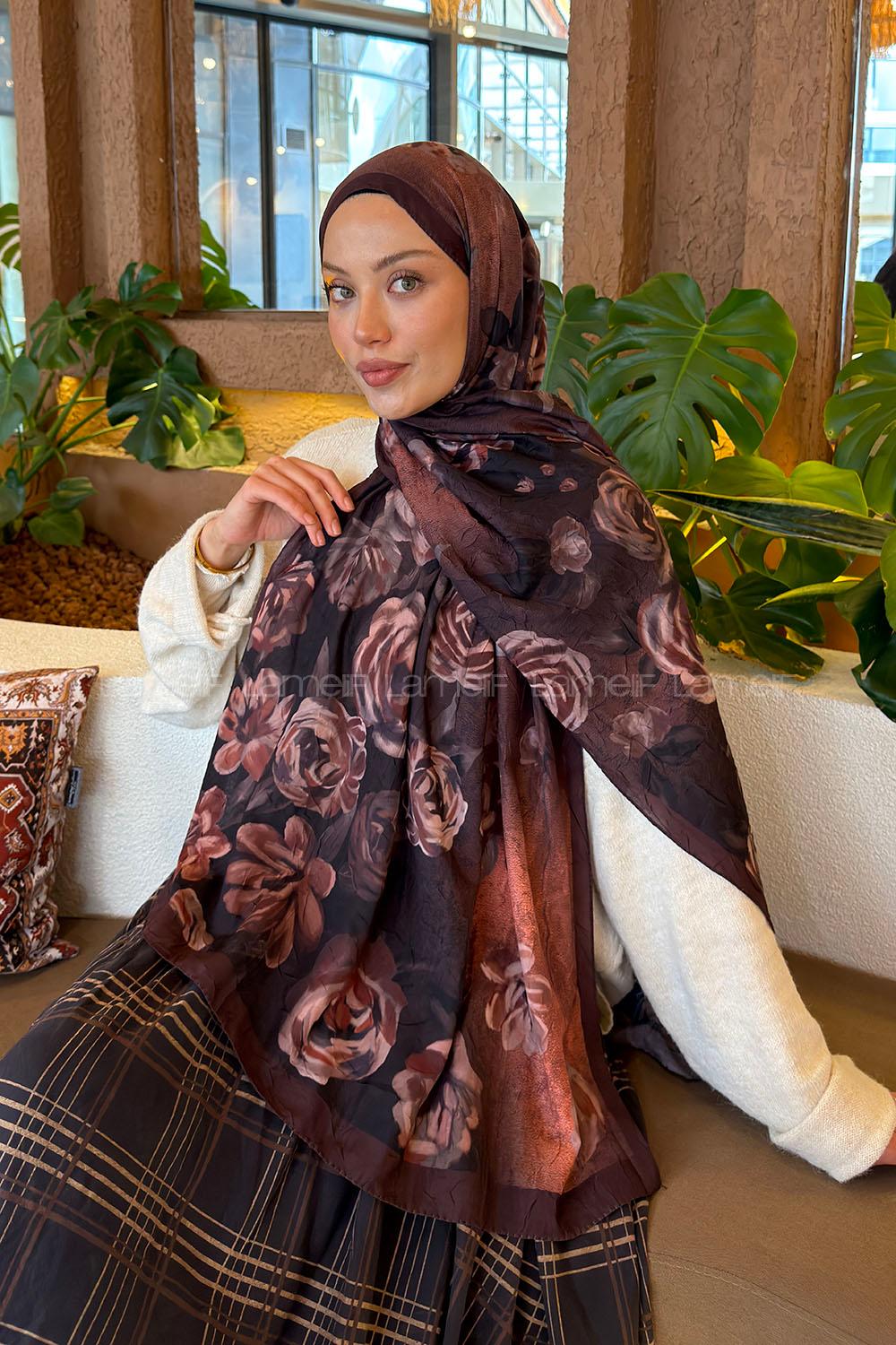 Lamelif Çiçek Desen Bambu Şal Kahverengi