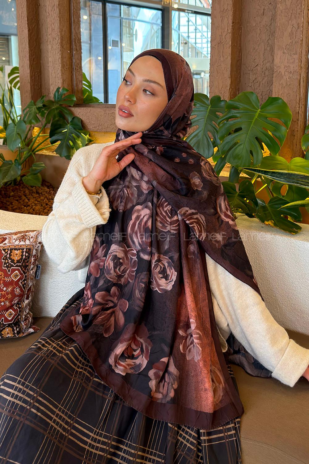 Lamelif Çiçek Desen Bambu Şal Kahverengi